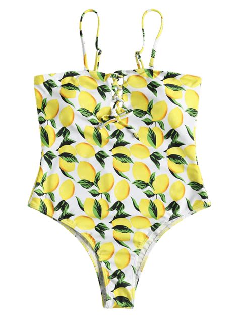 sexy spaghetti straps high cut lemon print one piece bikini women wire free padded fruits