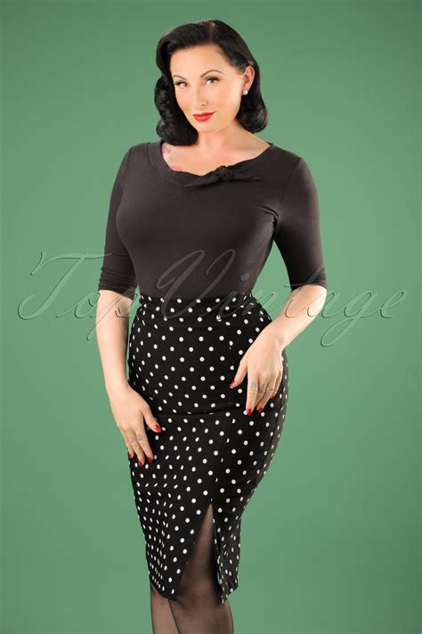50s Diva Polkadot Pencil Skirt In Black