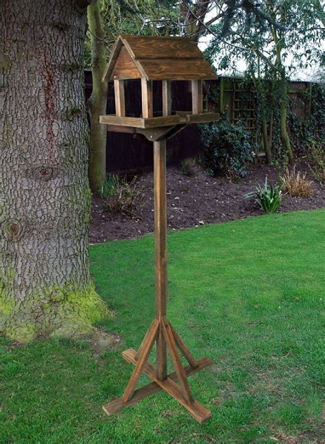 Traditional Wooden Bird Table Green Roofed Free Standing Bird Feeding