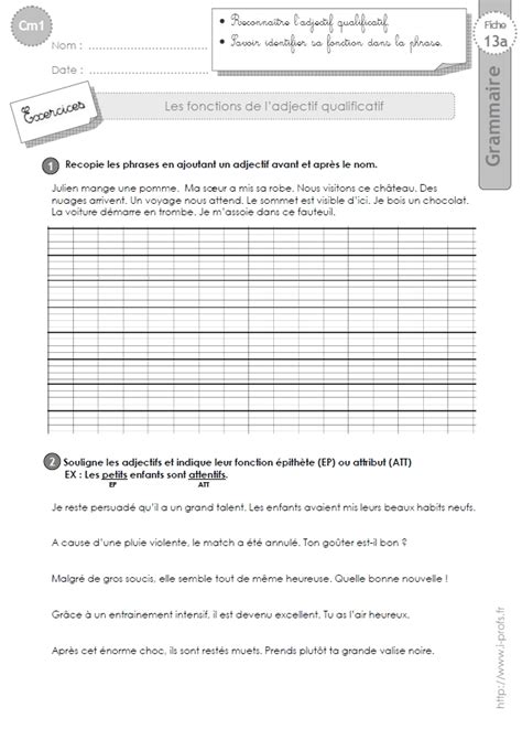 >cours,évalations et exercices en grammaire pour le cm1: cm1: Exercices Les fonction de l'adjectif qualificatif