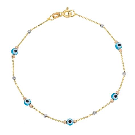 14K Real Solid Gold Lucky Blue Evil Eye Bracelet For Women