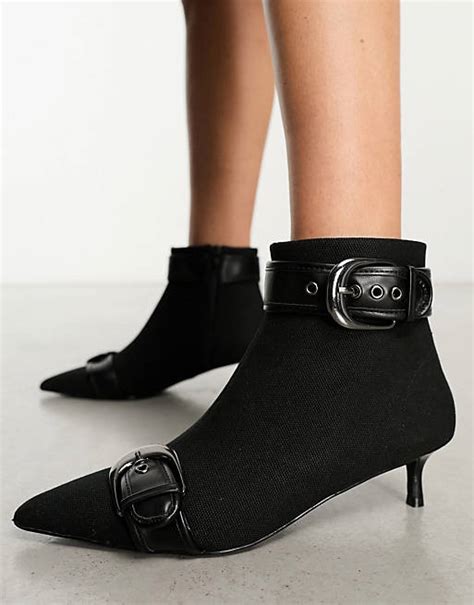 asos design riley buckled kitten heel boots in black asos