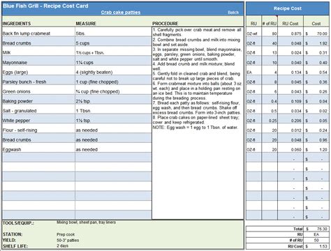 Free Recipe Costing Template Templates Printable Download
