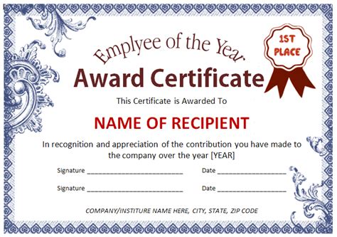 Employee Award Certificate Template Office Templates Online