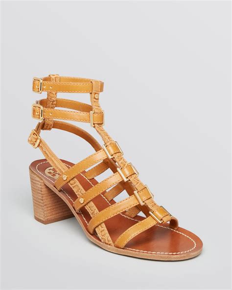 lyst tory burch gladiator sandals reggie block heel in brown