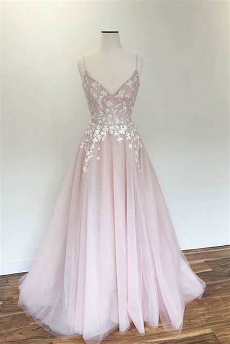Light Pink Prom Gown V Neck Prom Dress Tulle Prom Dresses Long Prom Dress Straps Evening Dress