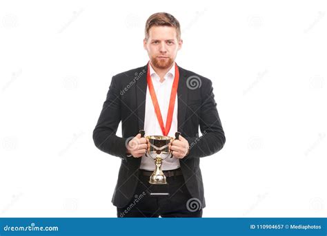 Businessman Holding Trophy Stock Image Image Of Businessman 110904657