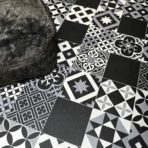 Victorian Tile Effect Sheet Vinyl Flooring Black Grey And White