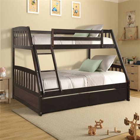 Solid Wood Twin Over Full Bunk Bed With 2 Storage Drawers Bed Frame