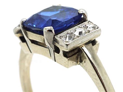 Art Deco 18ct White Gold And Sapphire Ring With Diamonds On Either Side