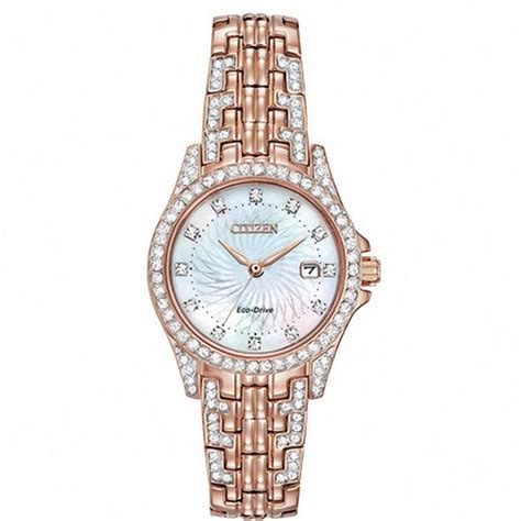 ladies citizen eco drive® silhouette crystal accent rose tone watch with mother of pearl dial