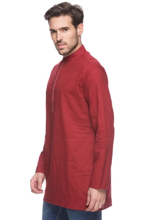 Shatranj Mens Indian Mid Length Kurta Tunic Banded Collar Textured Red