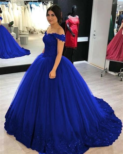 Dark Blue Lace Appliques Tulle Royal Blue Off Shoulder Ball Gown
