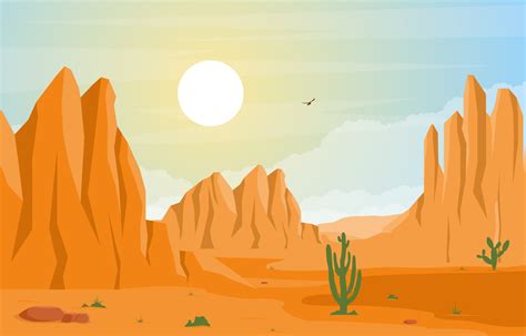 Day In Vast Western American Desert With Cactus Horizon Landscape