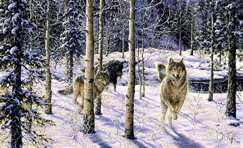 Pursuit Forest Snow Wolfpack Painting Trees Wolves Artwork