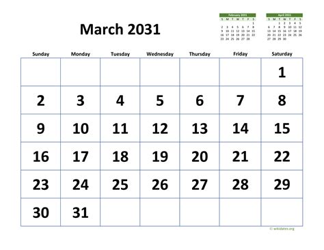March 2031 Calendar With Extra Large Dates