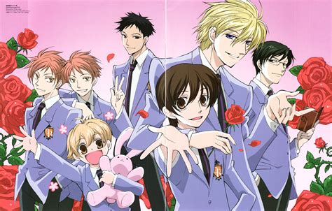 Ouran High School Host Club Series males anime group girl roses flower