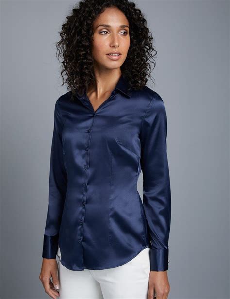 Women S Navy Fitted Satin Shirt Double Cuff Satin Shirt Hawes And