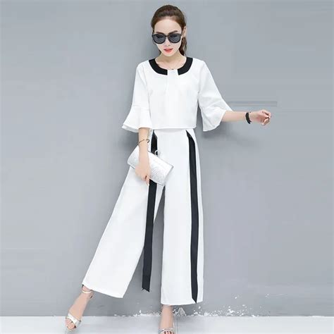 2018 Summer Fashion Casual White Pant Suits 2 Piece Set Women Flare Sleeve Crop Top And Black