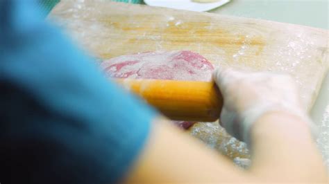 The Chef Spreads Red Dough With Rolling Pin Stock Footage Sbv 347216910