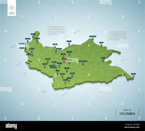 Mapa Estilizado De Colombia Mapa Verde 3d Isométrico Con Ciudades