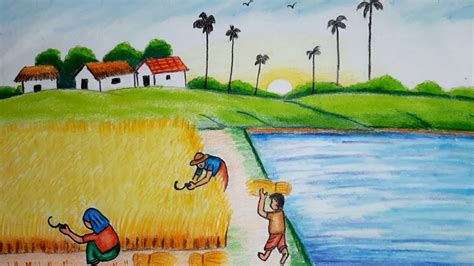 How To Draw The Scenery Of Farmers Harvesting Paddy On Fields
