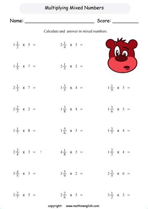 Multiply mixed numbers by whole numbers math worksheet for class 5