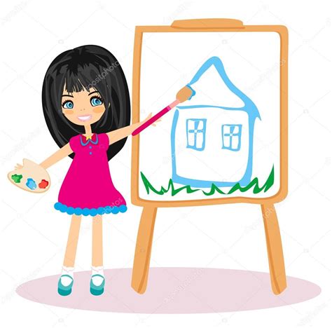 Little Artist Girl Painting Her Dream House On Large Paper Canvas