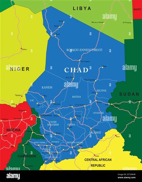 Carte Vectorielle Très Détaillée Du Tchad Avec Régions Administratives Principales Villes Et