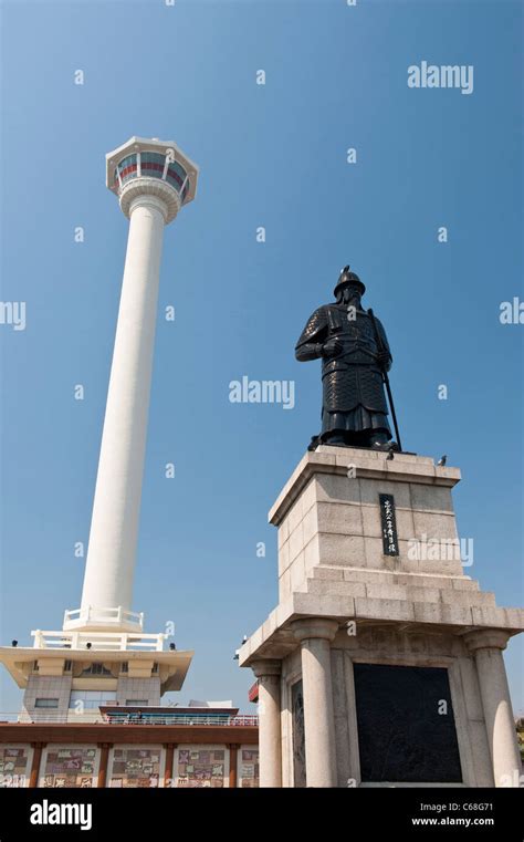 Busan Tower And Statue Admiral Yi Sun Shin In Yongdusan Park South