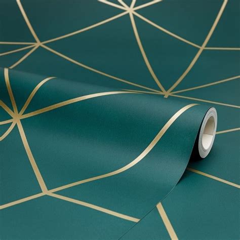 Zara Shimmer Metallic Geometric Wallpaper In Emerald And Gold