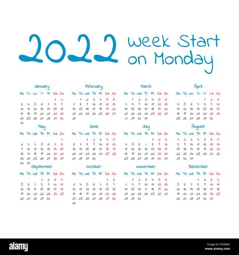 Simple 2022 Year Calendar Week Starts On Monday Stock Vector Image