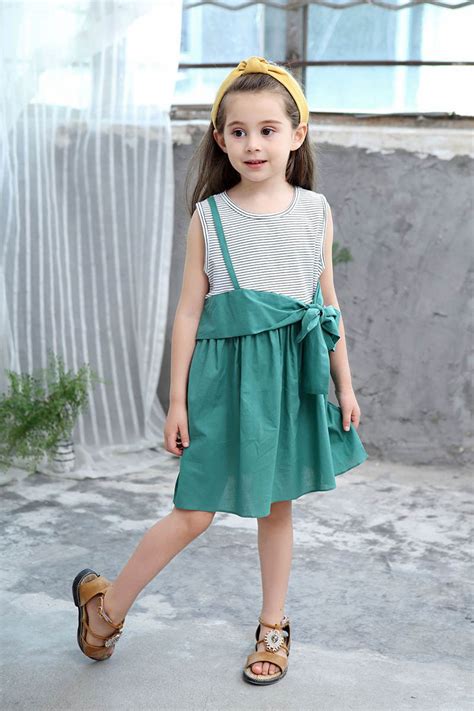 Retail Girls Summer Dress Striped Bow Sleeveless Clothes Kids Casual