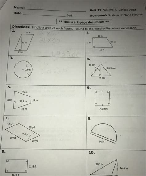 Unit 11 Volume And Surface Area Answer Volume Of A Cylinder And
