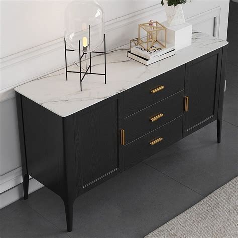 modern black sideboard buffet sintered stone top drawersanddoors kitchen cabinet gold pull black