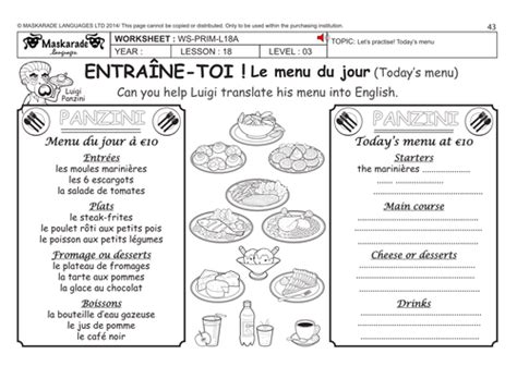 Worksheets are cpf activityworkbook branch, work grade 1 french, les parties du corps body parts. FRENCH KS2 Level 3 - KS3 (Year 7): Today's menu by ...