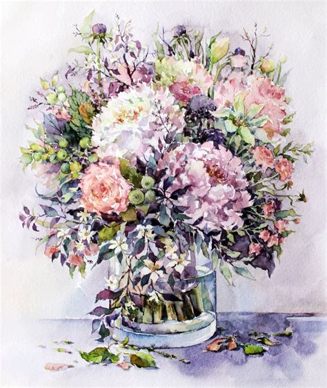 Bouquet With Peonies And Herbs In Lilac Shades Floral Watercolor