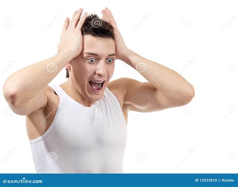 Portrait Of Scared Male Isolated On White Backgro Stock Photo Image