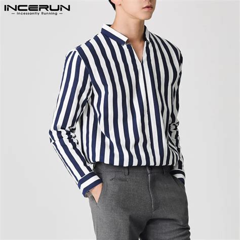 Incerun Fashion Men Striped V Neck Shirt Long Sleeve Loose Breathable