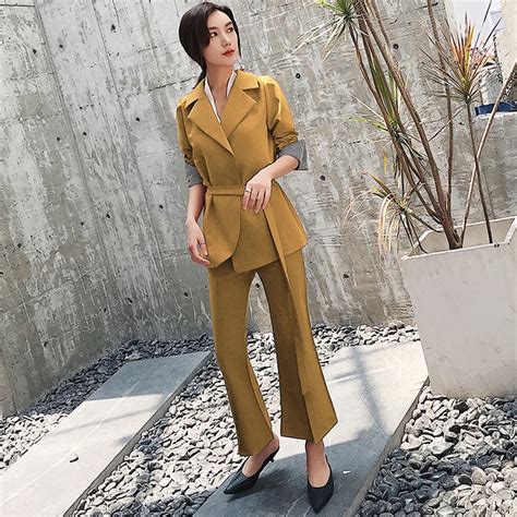 Fashion Yellow Women Pant Suit Sashes Notched Collar Blazer And High Waist Flare Pant Casual Ol