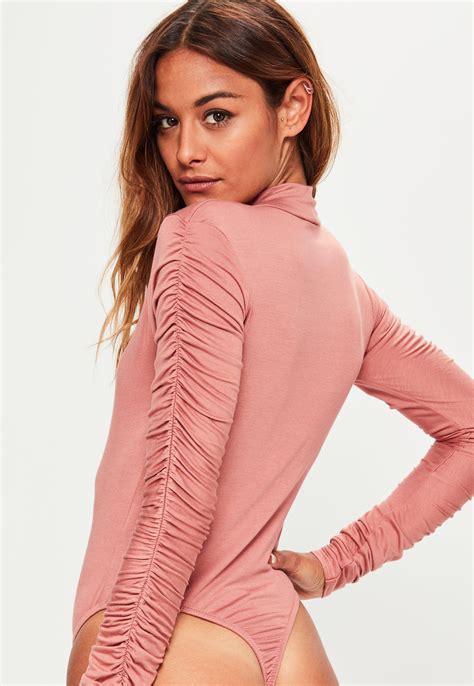 Lyst Missguided Pink Ruched Arm Long Sleeve Bodysuit In Pink