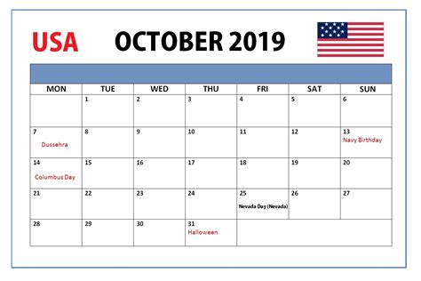 October 2019 Calendar With Holidays Us Uk Canada Australia India
