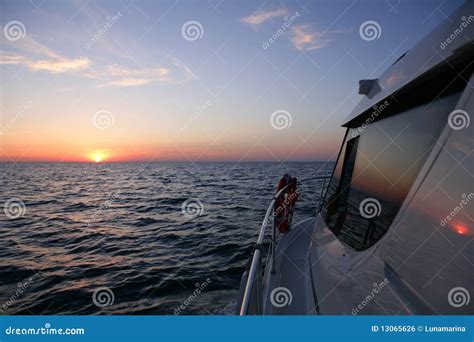 Beautiful Sunset Sunrise Over Blue Sea In A Yacht Stock Photo Image