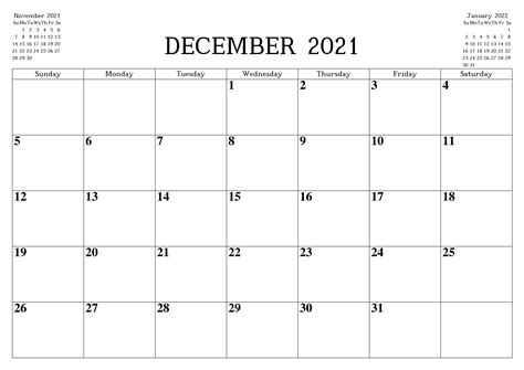 December 2021 Calendar Printable Template Pdf Word Excel