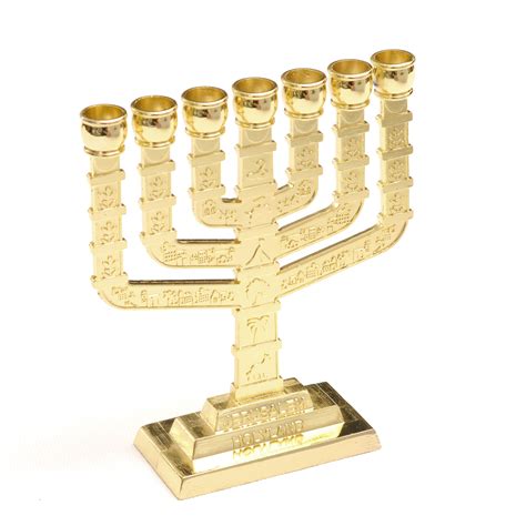 Gold Jerusalem Candle Holder Decorative Judaica 7 Branch Menorah