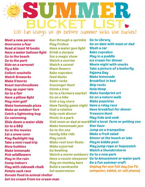 100 Fun Things Summer Bucket List Template For Kids Download Printable