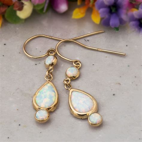 White Opal Earrings K Gold Drop Earrings Opal Dangle Etsy