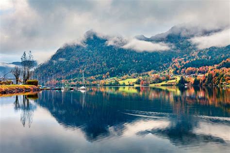 Foggy Autumn View Of Grundlsee Lake Wonderful Morning Scene Of Brauhof
