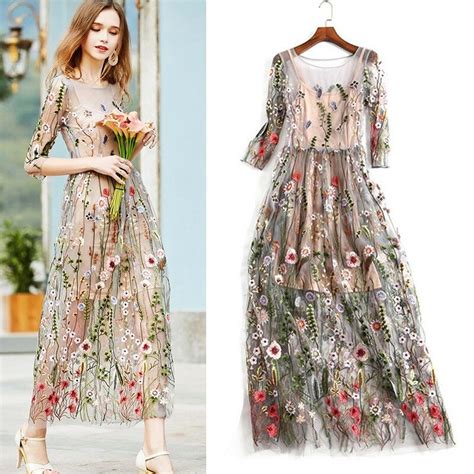 Women Dress Embroidered Lace Floral Long Sheer Mesh