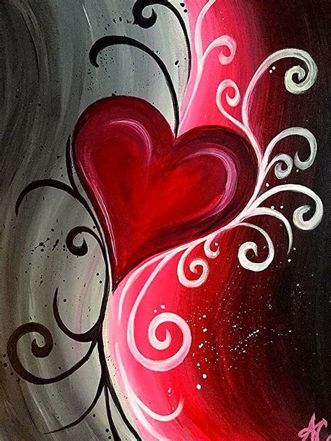 Abstract Heart Red White And Black With Swirls Beginner Painting